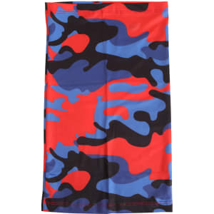 A polyester neck gaiter with a vibrant red, blue, and black camouflage pattern, featuring a logo.