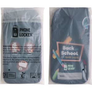 A lockable phone pouch in a clear plastic packaging, featuring a logo and vibrant colours for back-to-school use.