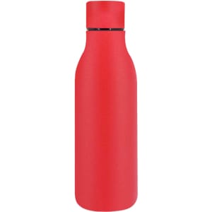 A drink bottle in vibrant red, featuring a sleek thermal design and a fitted cap. It has a logo on the surface.