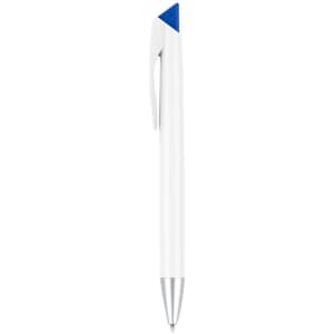 A white pen with a blue tip and silver accents, featuring a logo on the body.