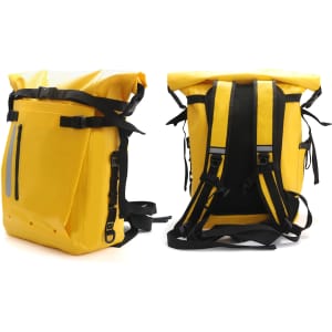 A waterproof roll top backpack in vibrant yellow and black, featuring adjustable straps and a logo.