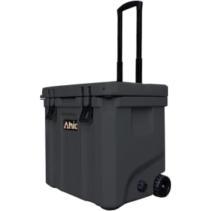 A grey cooler box with wheels and a retractable handle, featuring a logo on the front.