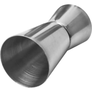 A stainless steel double jigger with a conical shape, featuring a smooth, shiny finish and a logo.