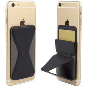 A black PU phone stand card holder attached to a gold smartphone, featuring a flap for cards.