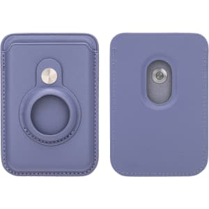 A purple PU magnetic card and AirTag holder featuring a circular ring and a sleek design. It has a logo on one side.