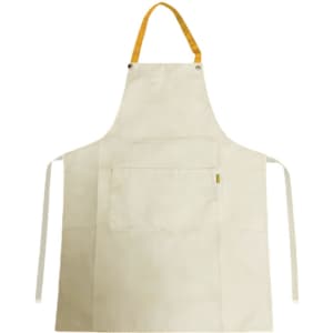 A beige poly-cotton canvas full bib apron with a yellow neck strap and a front pocket, featuring a logo.