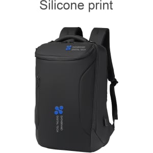 A waterproof black business backpack with adjustable straps and a logo on the front.