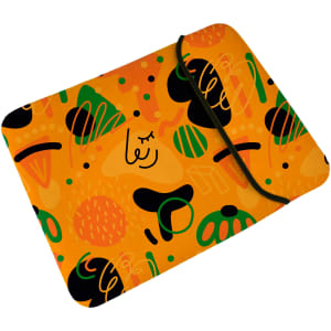 A vibrant orange laptop bag featuring abstract colourful patterns and a simple design element, with a black trim and logo.