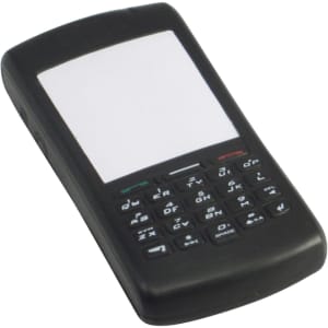 A black mobile phone-shaped stress reliever with a blank screen and buttons. It also features a logo.