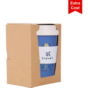 A reusable 350ml bamboo coffee cup in blue, featuring a screw lid and packaging, with a logo.