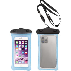 A transparent blue waterproof case for smartphones, featuring a black top and a strap. It has a logo on it.
