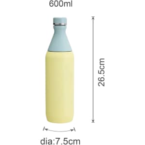 A drink bottle with a slim yellow body and a light blue cap, featuring a logo and measurements.