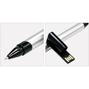 A silver 3 in 1 stylus USB pen with a black tip and a USB connector attached to the side.