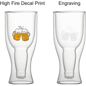 A drink bottle featuring a unique double wall design, in clear glass with decorative beer imagery and a logo.