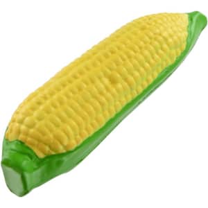 A yellow corn-shaped stress reliever with green accents, featuring a textured surface to resemble corn kernels.