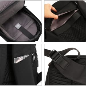 A black expandable laptop backpack features multiple compartments, including a spacious main pocket and side pockets.