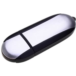 A sleek black and silver Galaxy Flash Drive, featuring a smooth metallic finish and an oval shape.