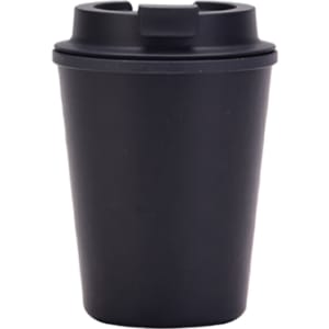 A drink bottle in black with a double wall design and a lid, featuring a logo on the surface.