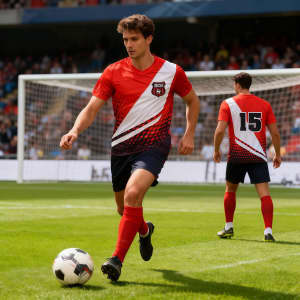 Unisex adults' football jersey in red and navy with a diagonal design and a logo. Features a sporty fit for active wear.
