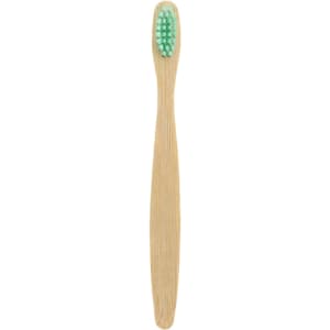 A small bamboo toothbrush with a natural wood handle and green bristles, featuring a logo.