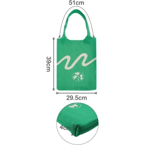 A green knitted shoulder bag with a wave design, featuring a zippered pocket at the base and dimensions provided.