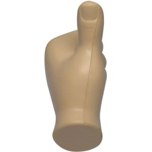 A beige fist-shaped stress reliever with a thumbs-up gesture, featuring a smooth surface and a rounded base.