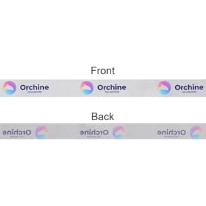 A satin polyester ribbon featuring a front and back design, predominantly in white with printed logos and colours.