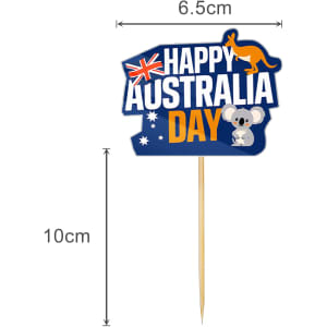A decorative toothpick featuring a blue and yellow design with an Australian flag, a kangaroo, and a koala.