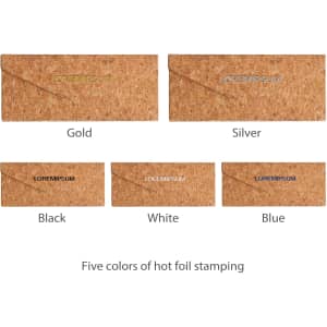 A foldable cork glasses case in natural cork with options for gold, silver, black, white, and blue hot foil stamping.