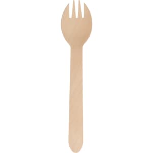 A light wooden fork with a long handle and three tines, part of a disposable cutlery set.