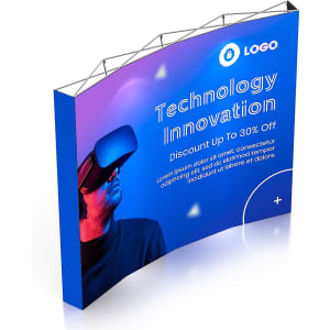 A curved pop-up display wall in blue with a promotional design features a person wearing virtual reality goggles and a logo.