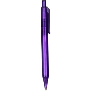 A transparent barrel pen in vibrant purple, featuring a clip and a black tip. The pen includes a logo.