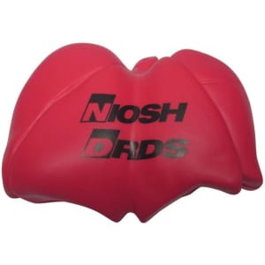 A red lung-shaped stress reliever with a logo on its surface.