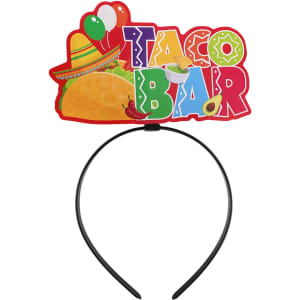 A headband featuring a colourful "Taco Bar" graphic, with balloons and a sombrero design on top. The band is black.