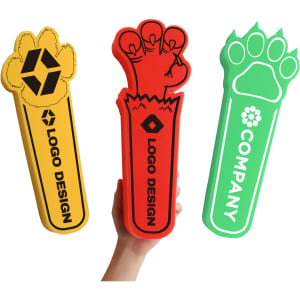Three foam sticks featuring paw print designs in yellow, red, and green, each with a logo.