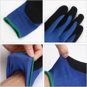 Frosted insulating gloves featuring a blue and black design with green trims, showcasing the interior and exterior details.