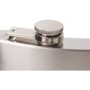 A stainless steel hip flask with a screw-on cap, featuring a polished silver finish. Includes a small branding logo.