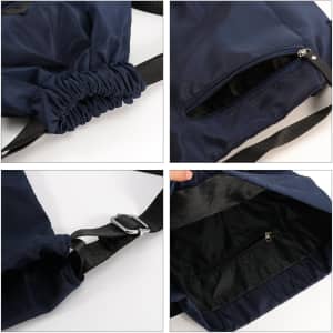 A lightweight navy drawstring backpack featuring adjustable straps and a zippered pocket. Includes a logo.