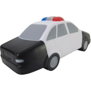 A black and white police car-shaped stress reliever with a red and blue light on top. Features a simple design.