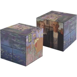 A 3D square magic cube featuring vibrant artwork, showcasing various artistic designs on its sides.