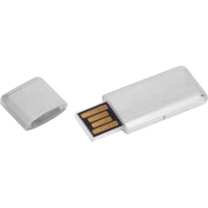 A silver flash drive with a removable cover, featuring a clean and sleek metallic design.
