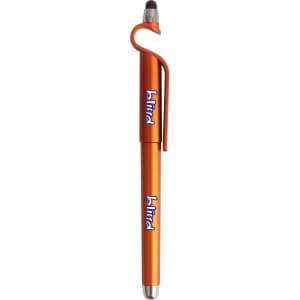 An orange stylus ball pen with a mobile holder and a logo. The pen features a shiny metallic finish.