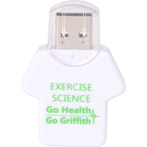 A white flash drive shaped like a T-shirt, featuring a logo and green text on the front.
