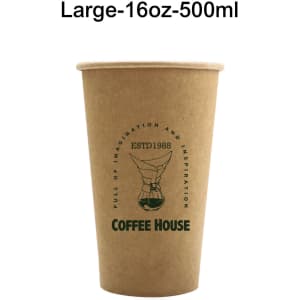 A large, 16oz disposable single wall kraft paper cup with a circular logo design.