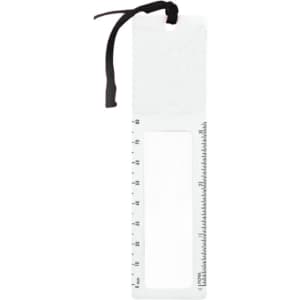 A magnifying bookmark ruler in white, featuring a clear magnifying section and black ribbon attachment.