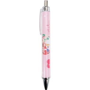 A pink ballpoint pen with a patterned barrel and a shiny chrome tip. Features a logo on the side.