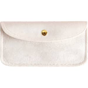 A cream velvet glasses pouch with a flap closure and a gold stud button.