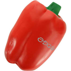 A red capsicum-shaped stress reliever with a green stem and logo on its side.
