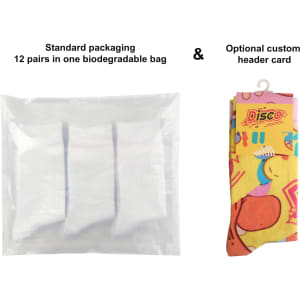 A pack of socks in a biodegradable bag, featuring bright colours and fun designs, with a custom header card option.