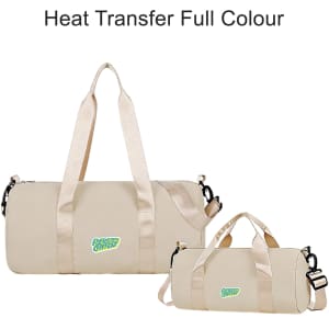 A beige bucket duffle bag with wide straps, featuring a logo and a removable shoulder strap.